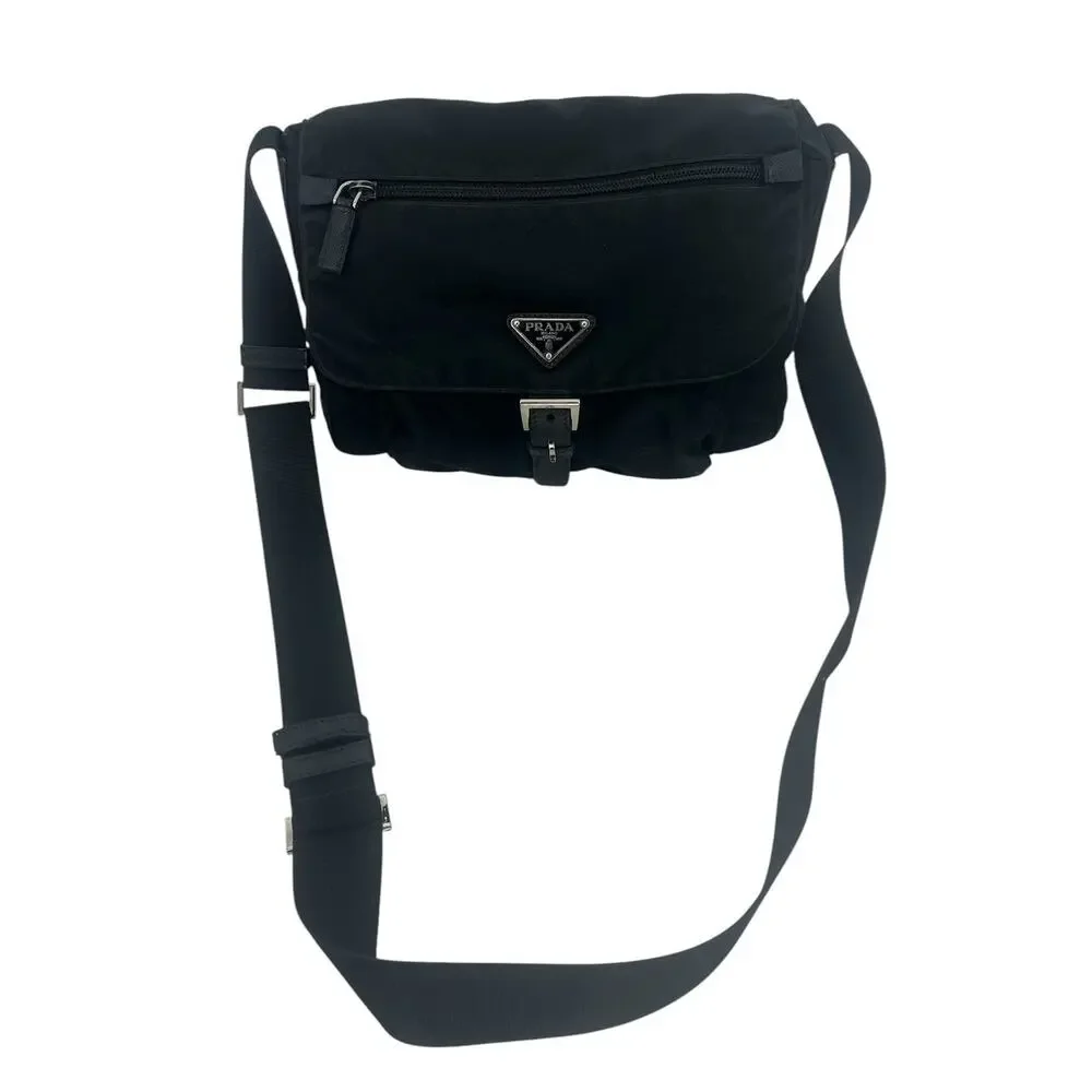 Prada Black Nylon Logo Plaque Messenger Crossbody Bag